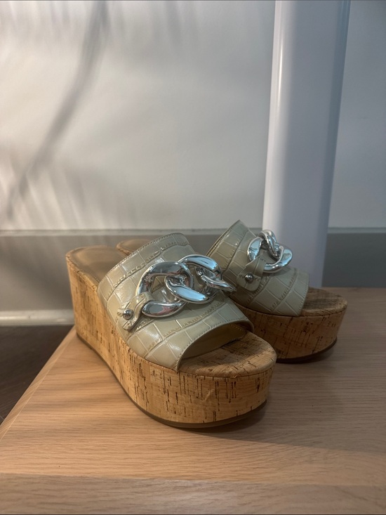 Marc Fisher Shoes - Marc Fisher Cream Platform Cork Wedge Slide with Silver Chain